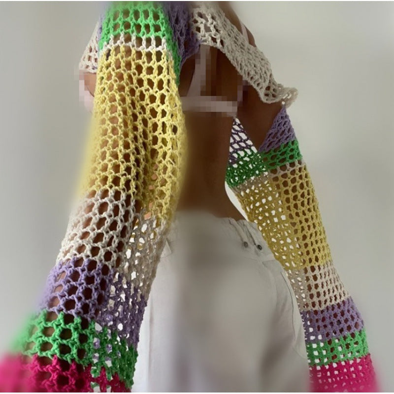 Sexy Hollow Knitting Shirt Solid Color Round Neck Long-Sleeved Cape Blouse 34