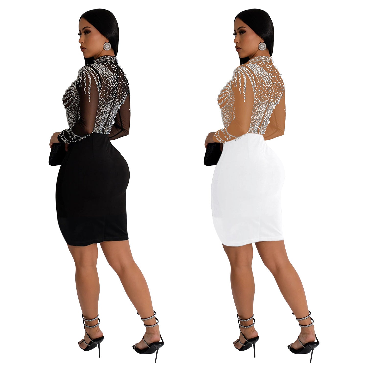 Women solid mesh beaded long-sleeved mini dress 7