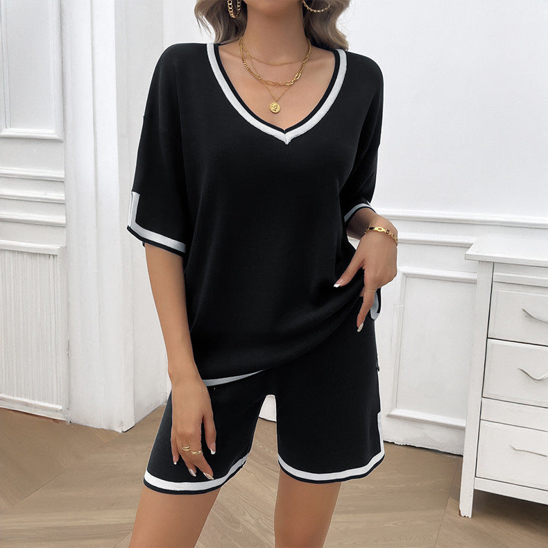 Spring And Summer Women's Casual Loose V Neck Sweater Shorts Set 13