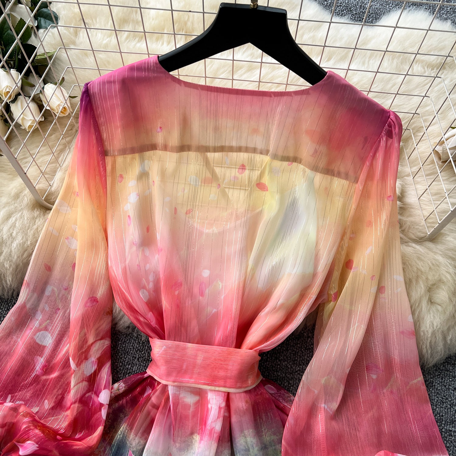 Bell Sleeve Dress Women's Bell Sleeve Floral Slim WaistBelt V-Neck Ruffle Mini Dress 4