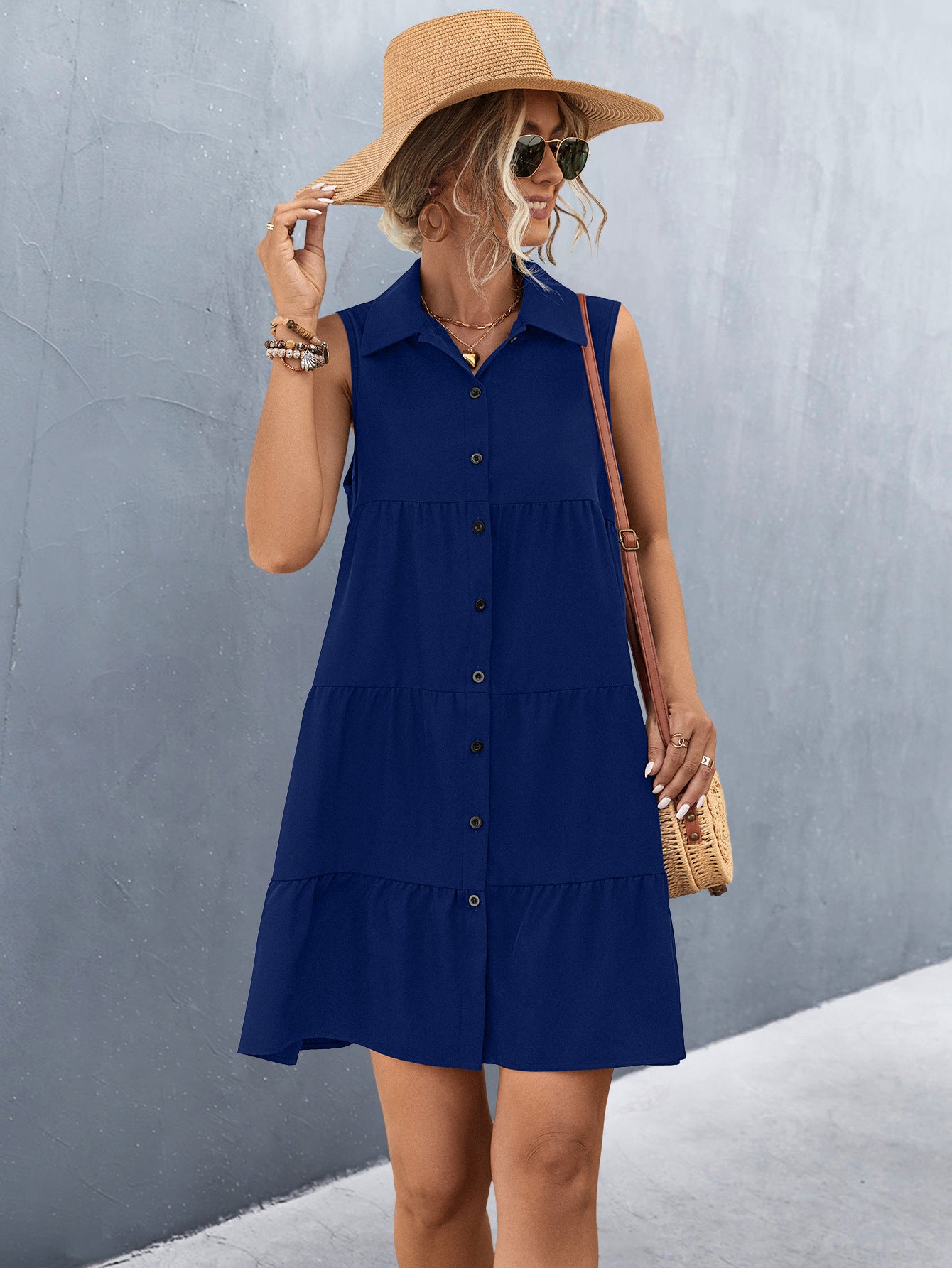 Women's Turndown Collar Patchwork Sleeveless Solid Color Dress 9