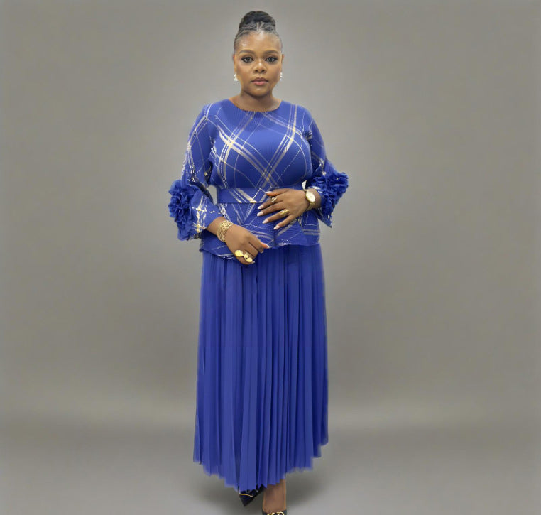 Plus Size Women Pleated Hand-Shaped Flower Irregular Shiny Print Maxi Dress 3