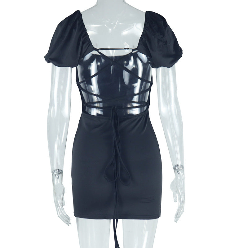 Women sexy U-neck Solid puff sleeve dress 9