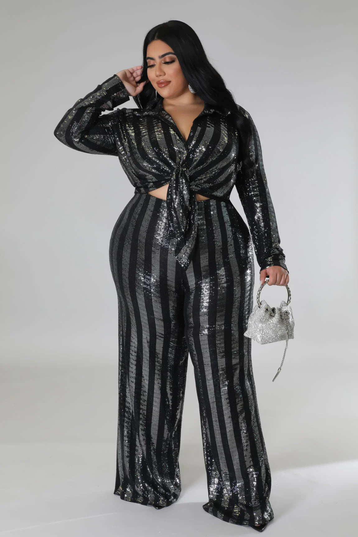 Fashion Nightclub Mesh Beaded Sequin Two-Piece Lace-Up Top Pants Set 7