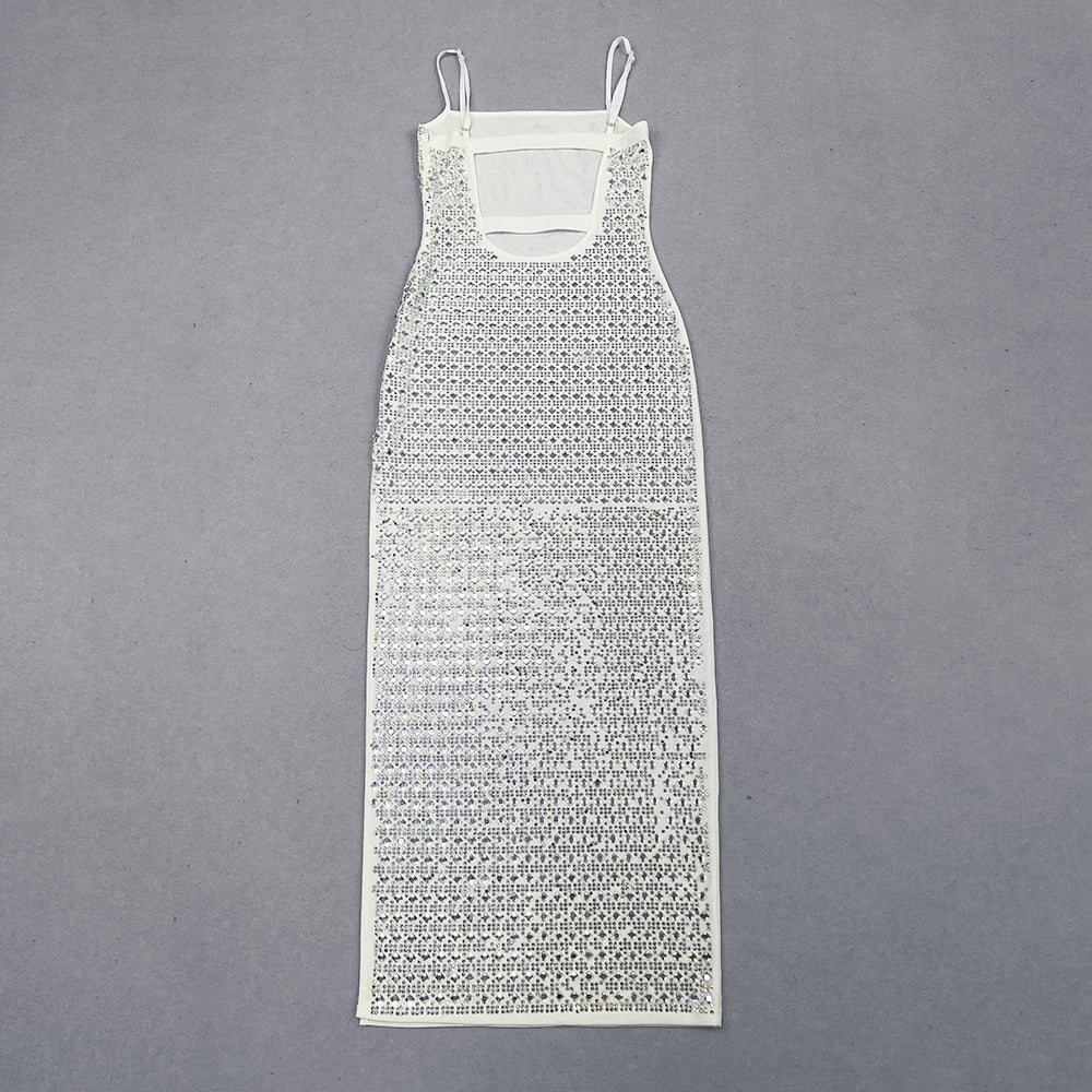 Summer Women Elegant Slit Beaded Strap Maxi Dress 9