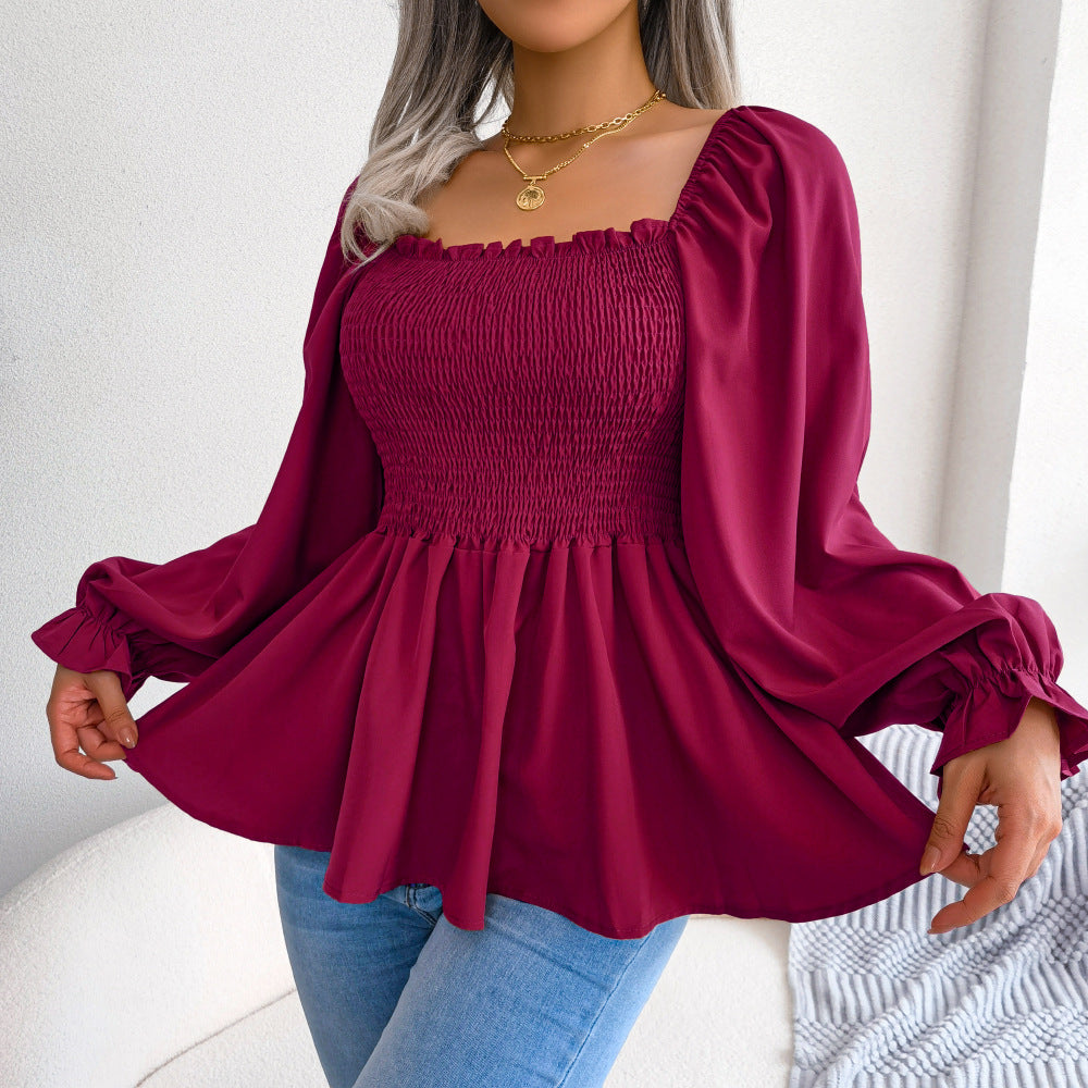 Women Casual Ruffle Edge Square Neck Long Sleeve chiffon Top 14