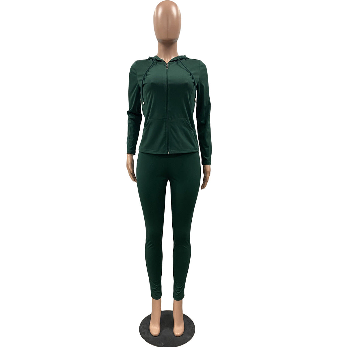 Women Summer Sports Hooded Full Sleeves Solid Pockets Regular Two Piece Pants Set 63