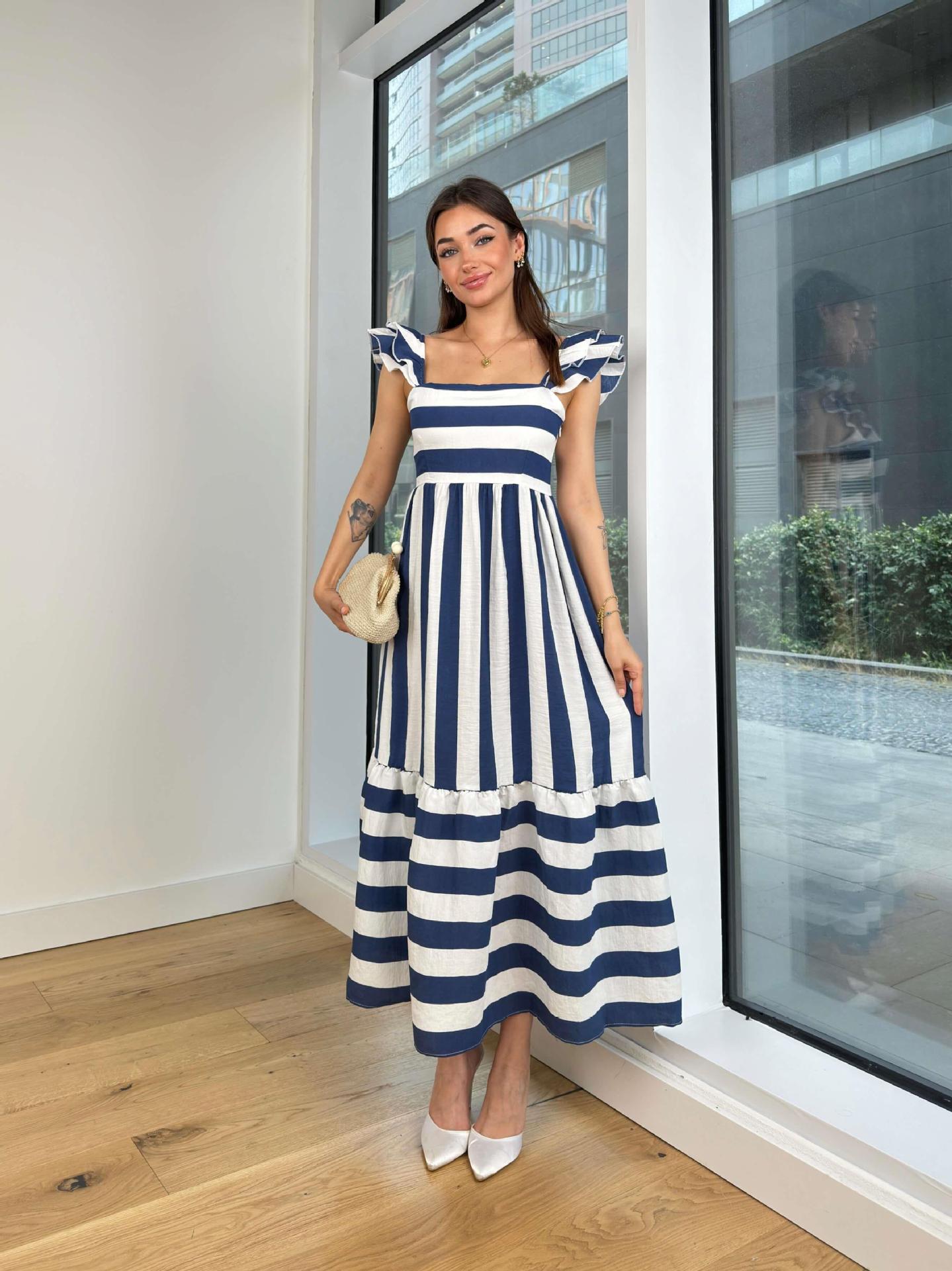 Summer Women elegant Off Shoulder stripe Strap Dress