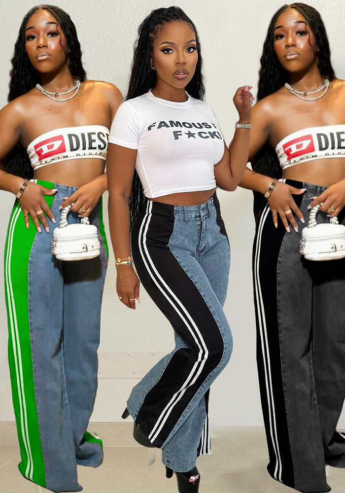 Fashion Patchwork Striped Wide-Leg Denim Trousers Women's Casual High Waist Straight Pants
