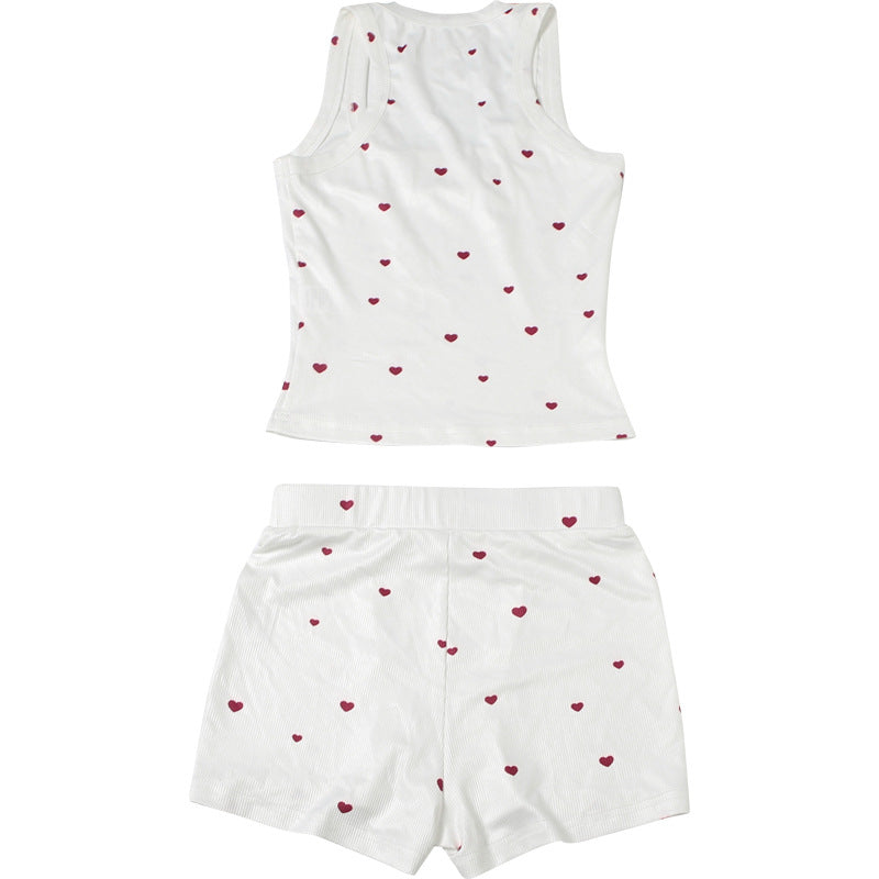 Women Summer Heart Print Vest Shorts Two Piece Set 15