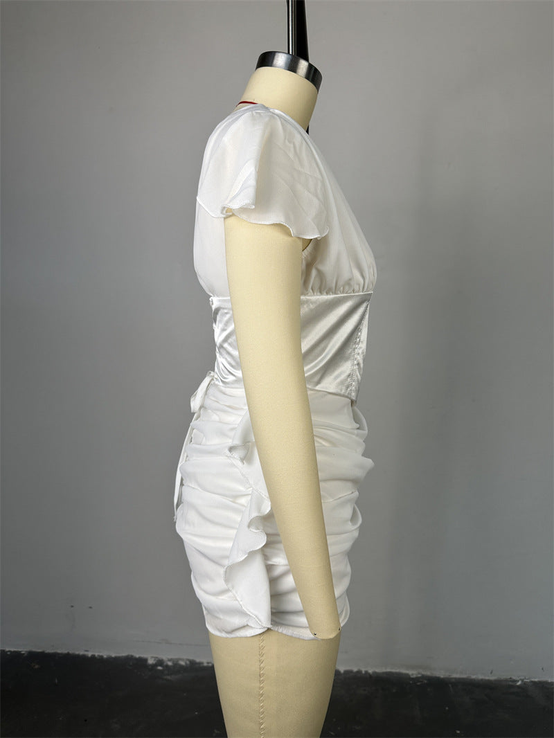 Women Summer V-Neck Short Sleeve Patchwork Pleated Mini Dress 6