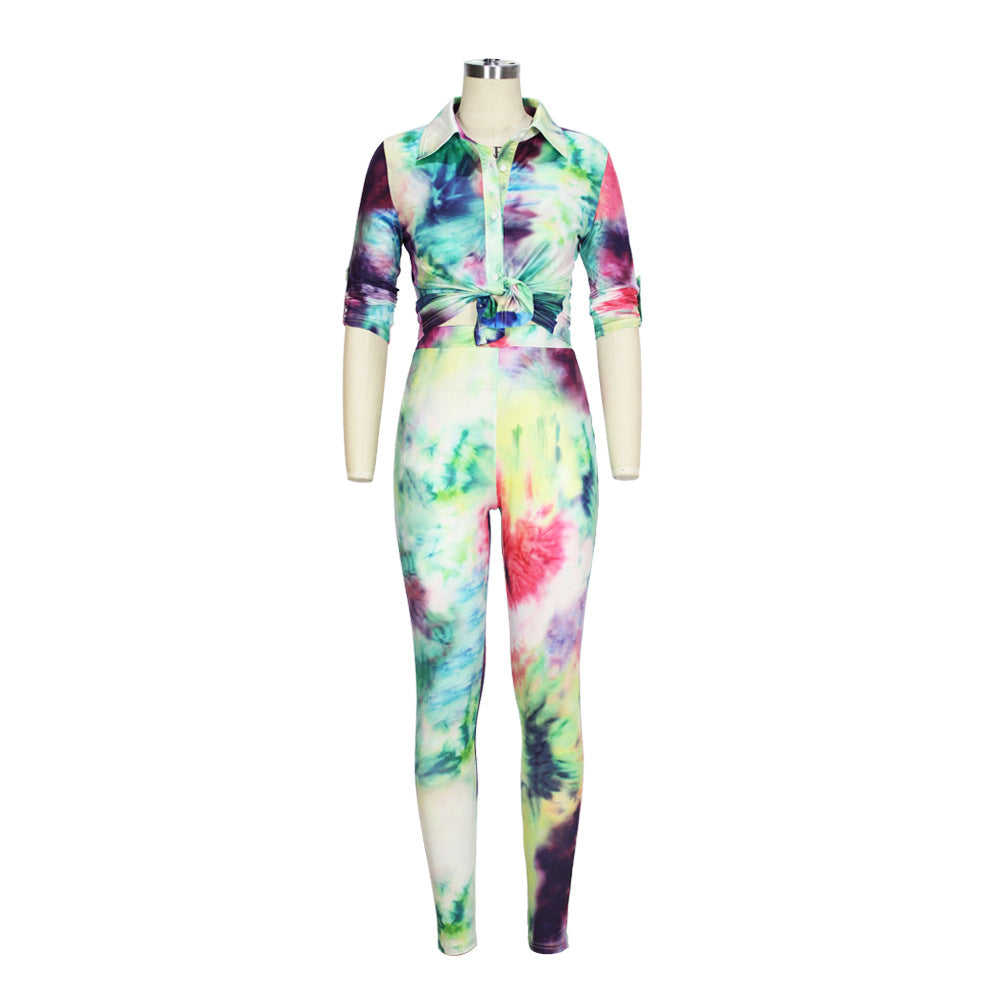 Women printed Turndown Collar shirt and Pants Two-piece Set 20