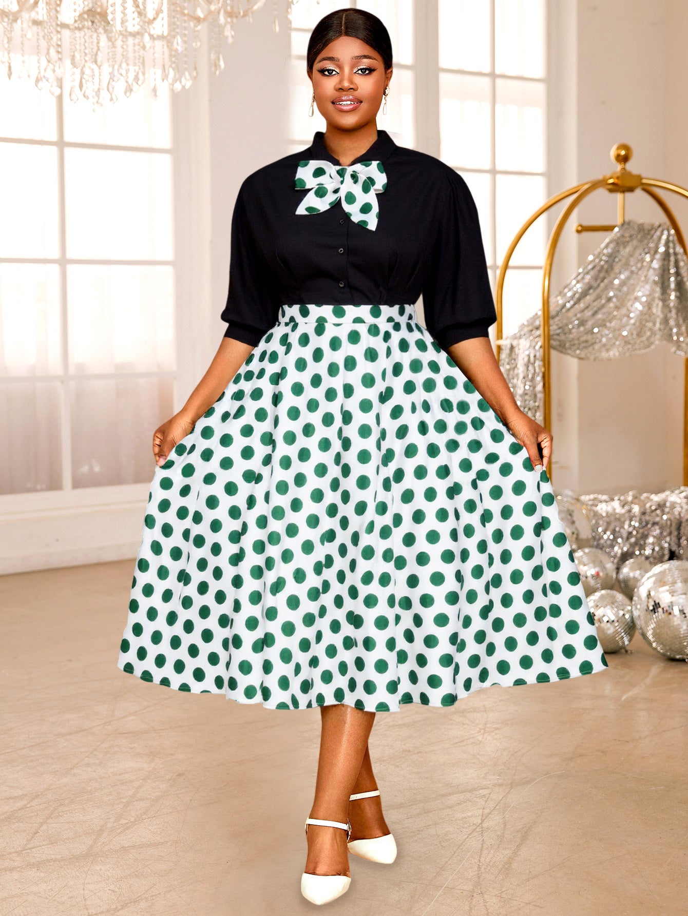 Plus Size Women's Elegant Chic Black Top Bow Polka Dot Skirt Set