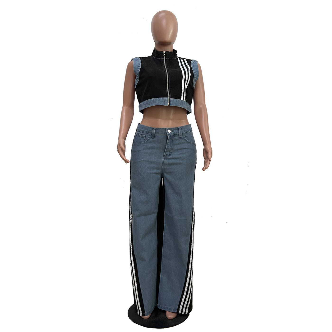 Women casual webbing patchwork top and denim wide-leg pants two-piece set 13