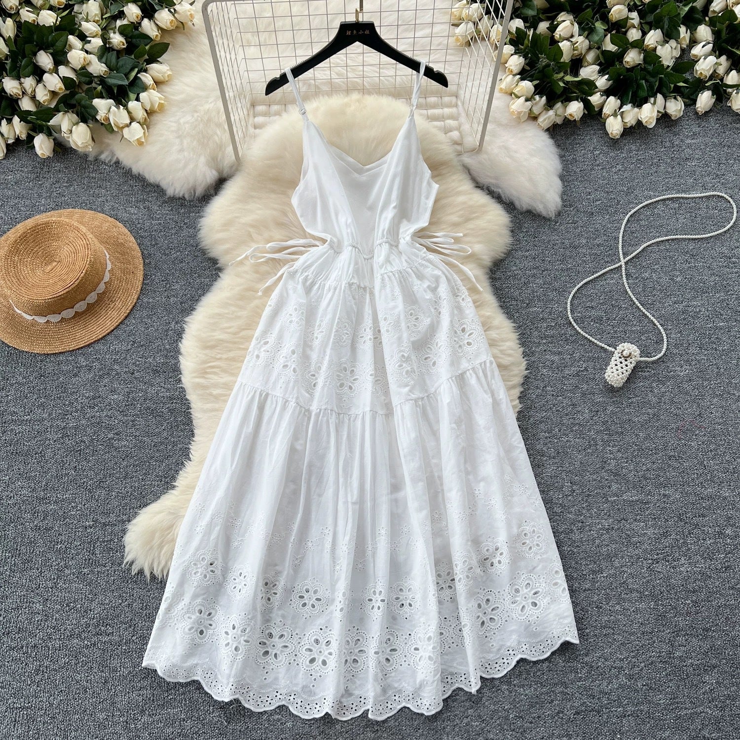Women Summer Lace-Up Cutout Embroidery Holidays Strappy Dress 10