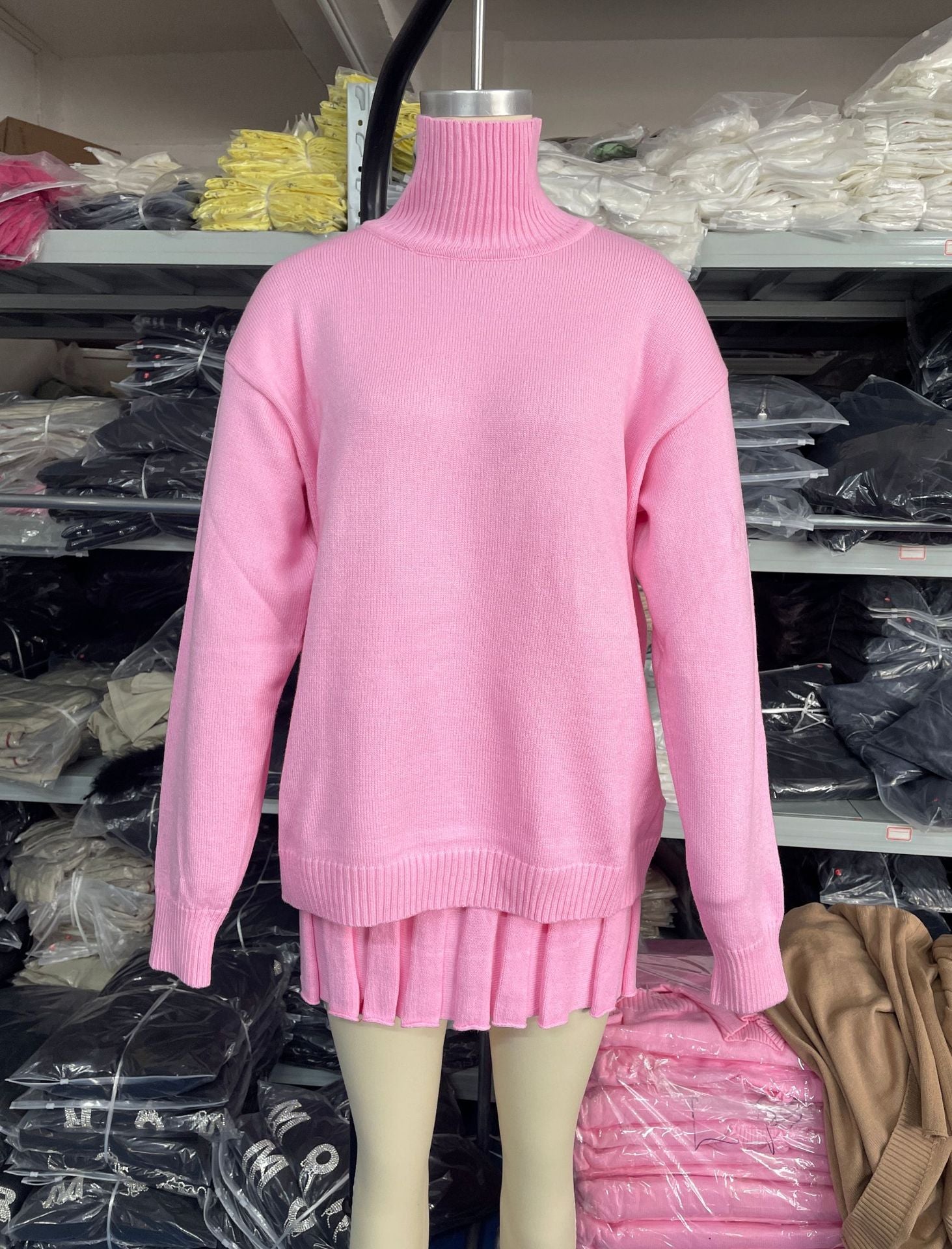 College Style Outfit Solid Color Turtleneck Knitting Long-Sleeved Top Pleated Skirt Two-Piece Set 5
