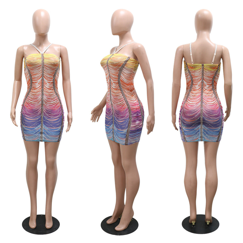 Sexy Straps Beaded Bodycon Slim Women Fashion Casual Party Dress 13