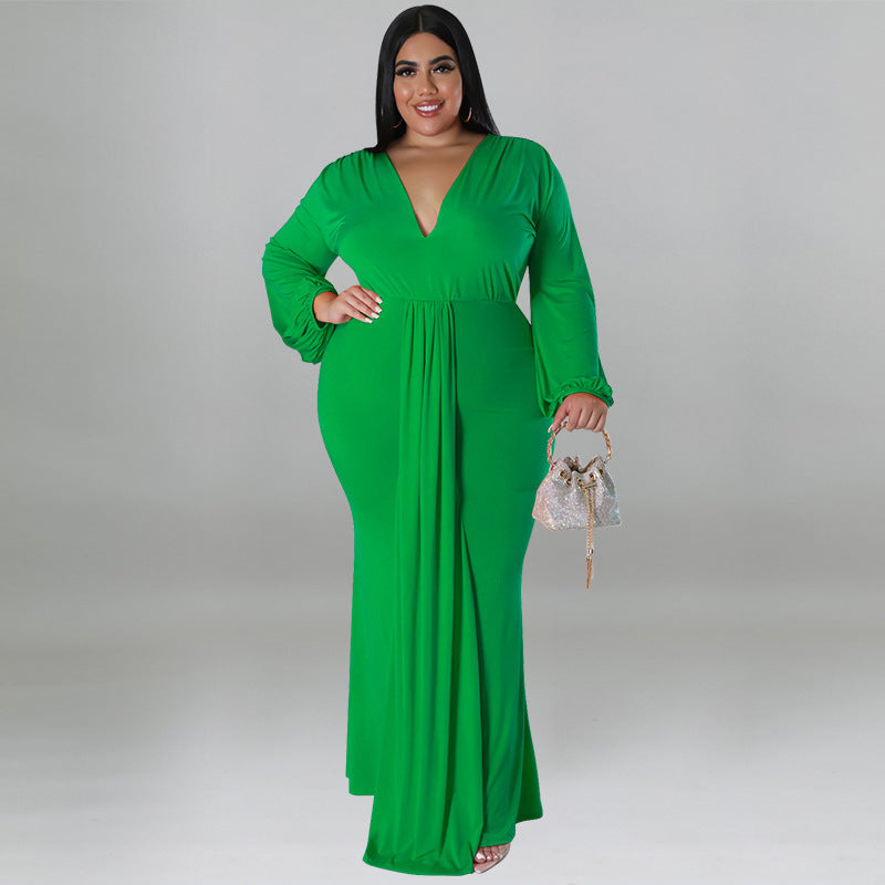Plus Size Women's Solid Color Sexy Deep V Neck Long Sleeve Pleated Dress 6