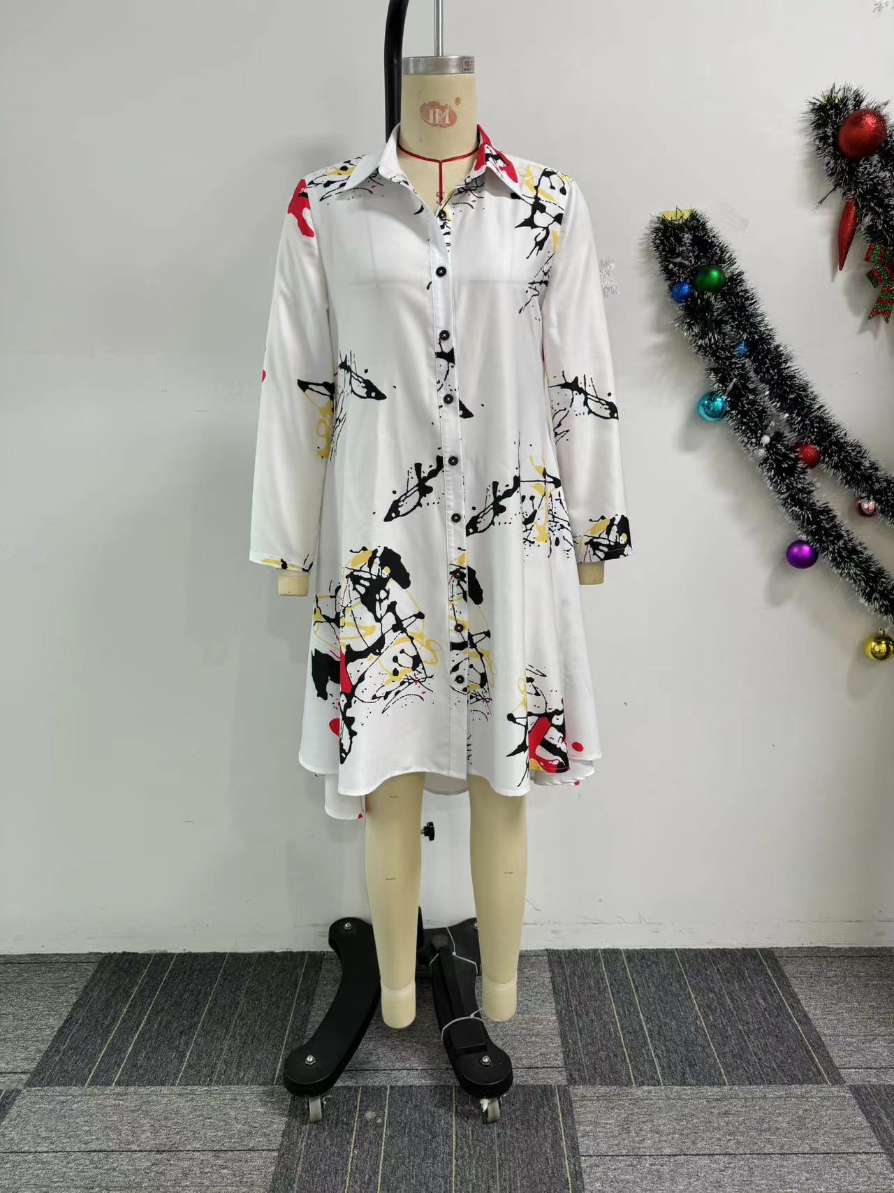 Women printed loose long-sleeved irregular shirt dress 7