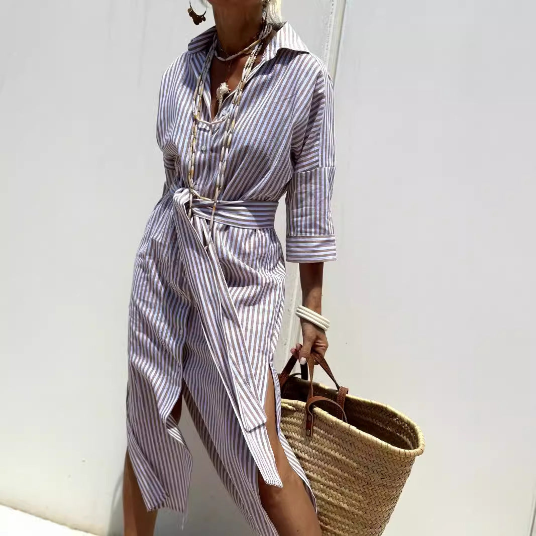 Women Autumn Half Sleeve Striped Shirt Dress 9