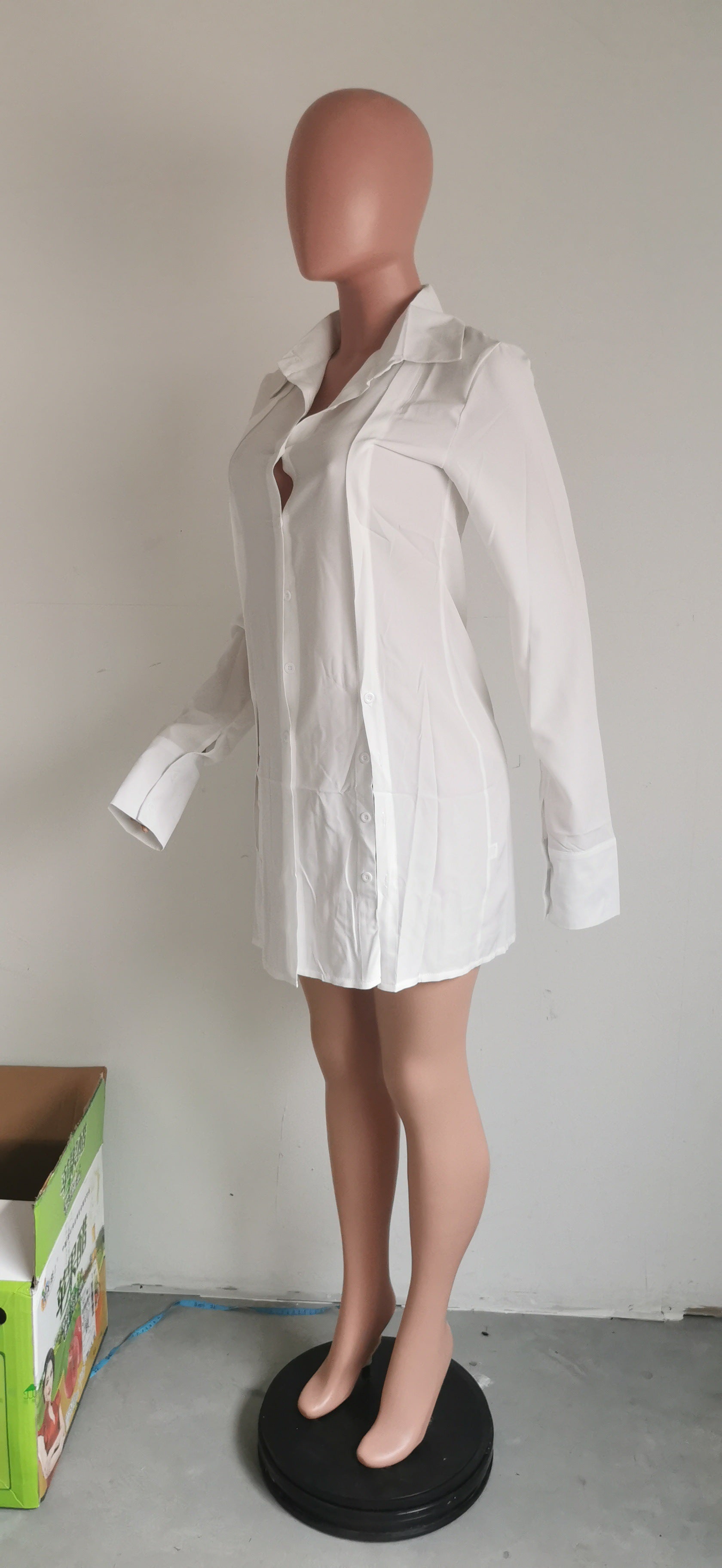 Women's Solid Color Single-Breasted Slit Long Sleeves Shirt Dress 17