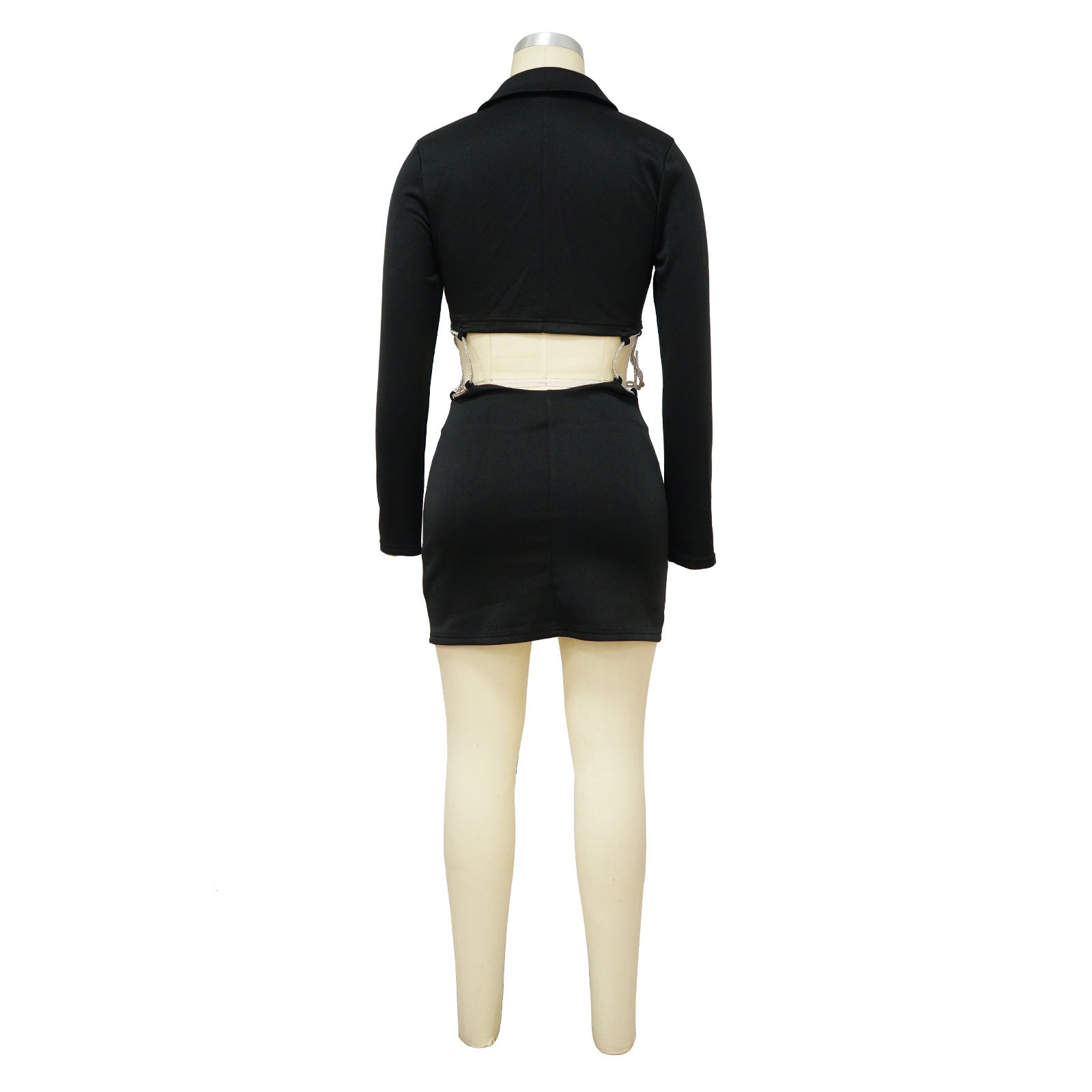 Women Deep V Neck Solid Beaded Chain Dress 14