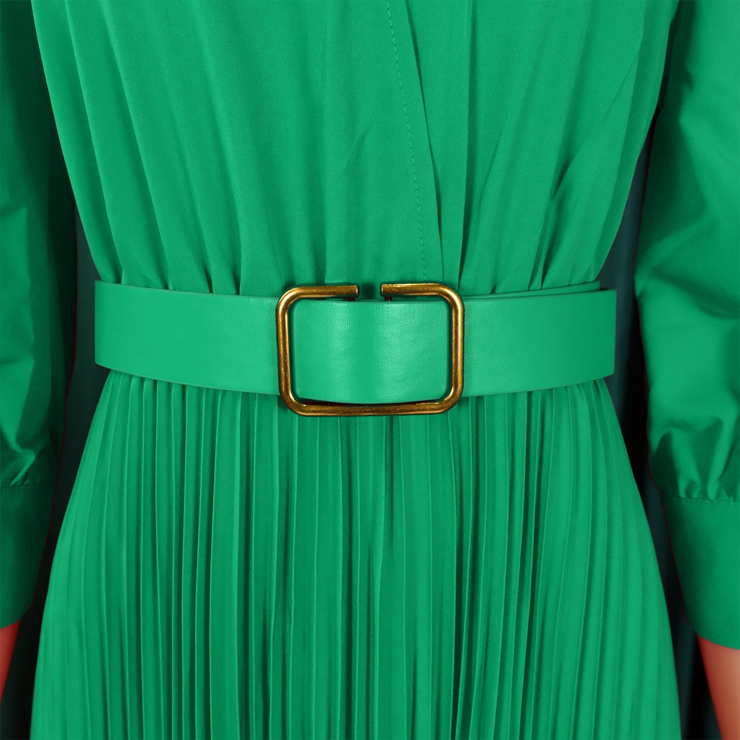 Spring V-Neck Solid Long Sleeve Pleated Dress for Women 21