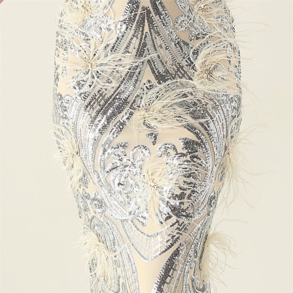 Women Beaded Feather Decoration Beaded Fishtail Evening Dress 31