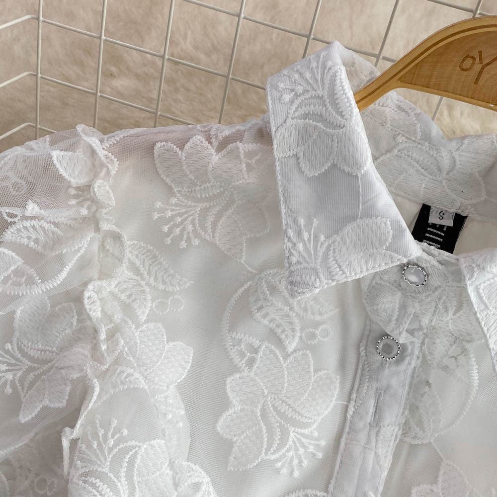 Summer Chic Elegant Turndown Collar Single-Breasted White Lace Embroidery A-Line Layer Dress 6