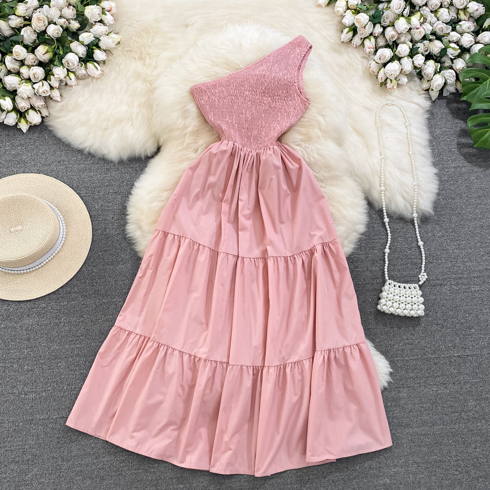 Retro Chic Sleeveless Slash Shoulder Slim Waist Slim Fit Beach Holidays A-Line Long Dress 19