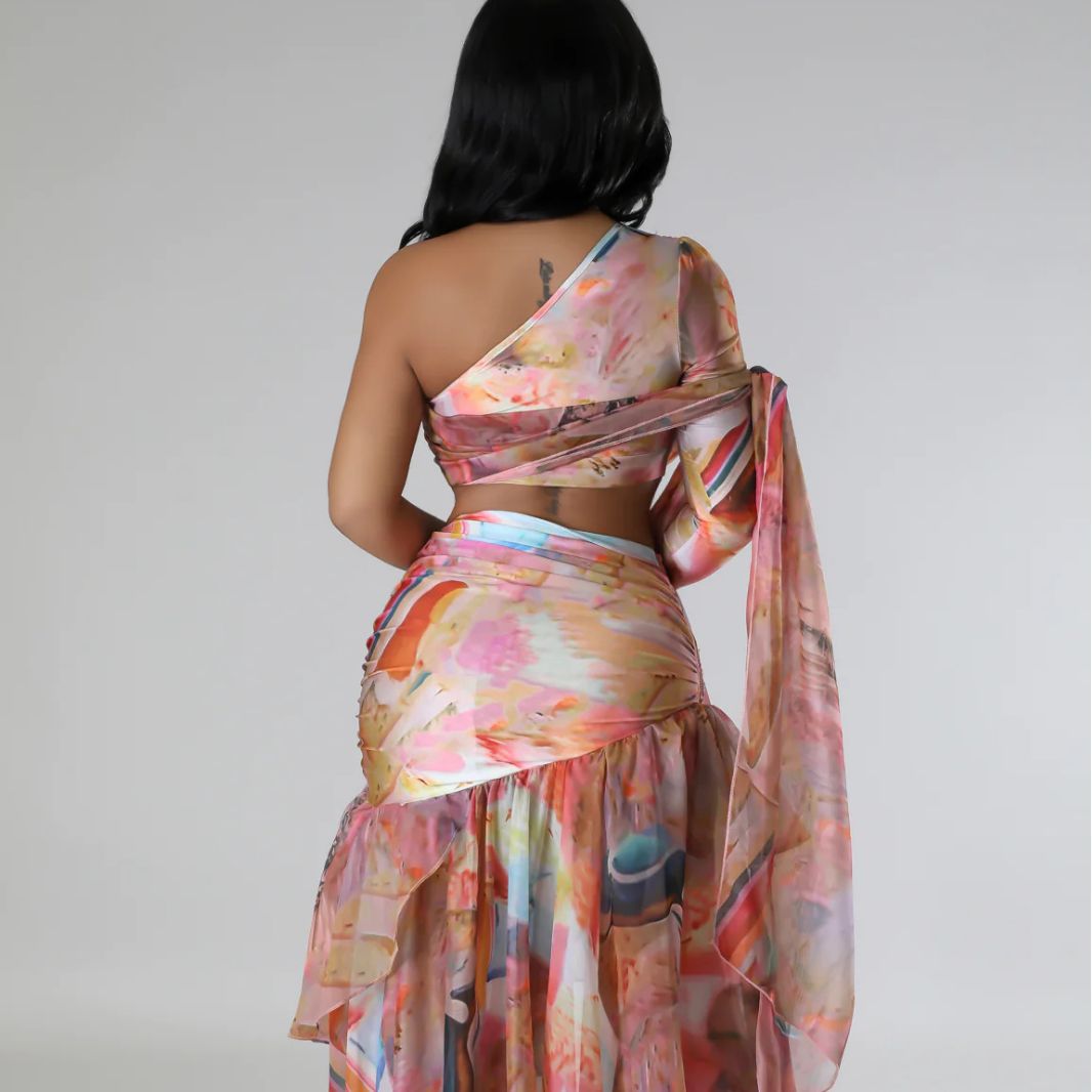 Autumn Women's Oil Painting Print Sexy High Slit Two-Piece Skirt Set 5