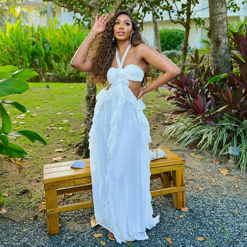 Women's Autumn Halter Neck Chic Strapless Low Back Long Dress 3