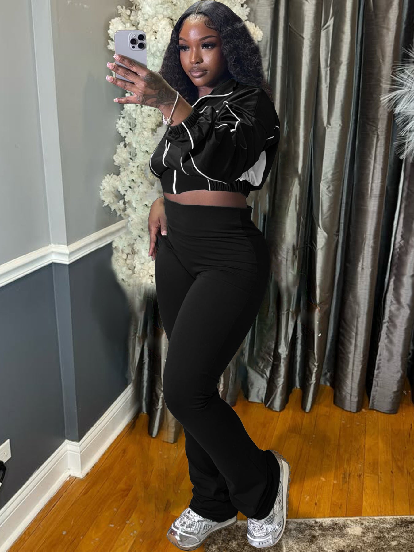 Contrast Zip Patchwork Sport Two Piece Pants Set 7