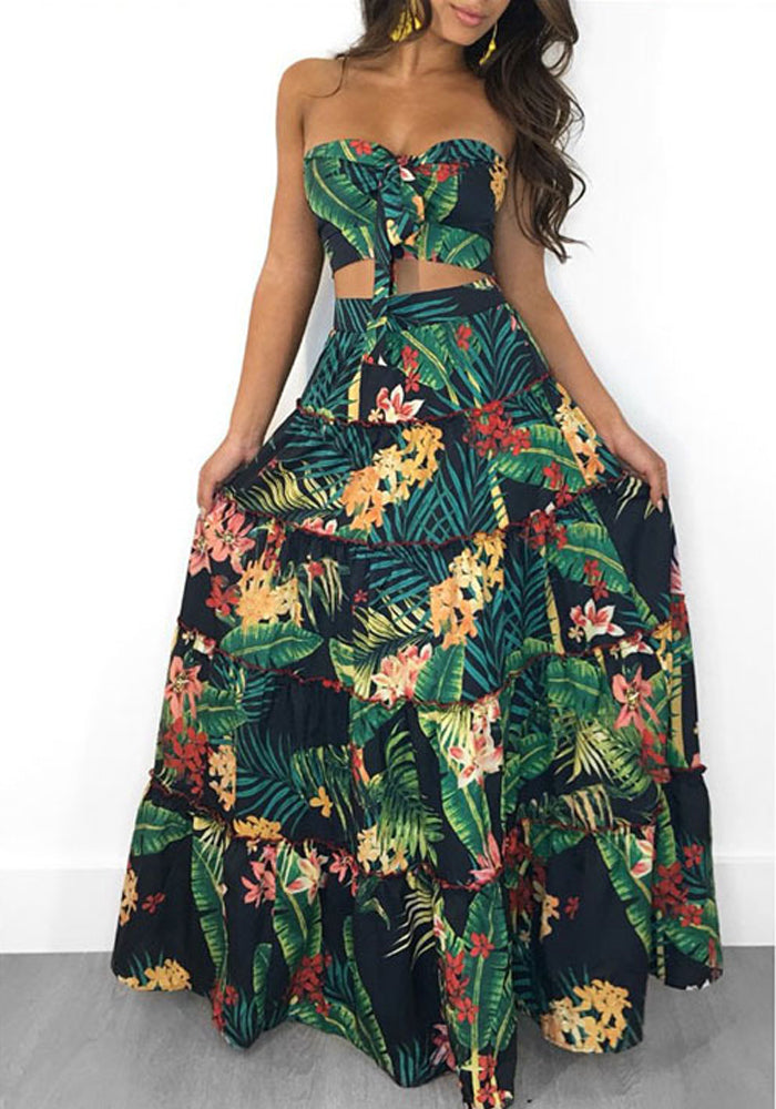 Women Classic Print Ruffle Edge Beach Dress Two Piece