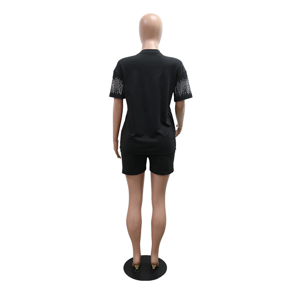 Women Casual Beaded Round Neck Short Sleeve Top and Shorts Two-Piece Set