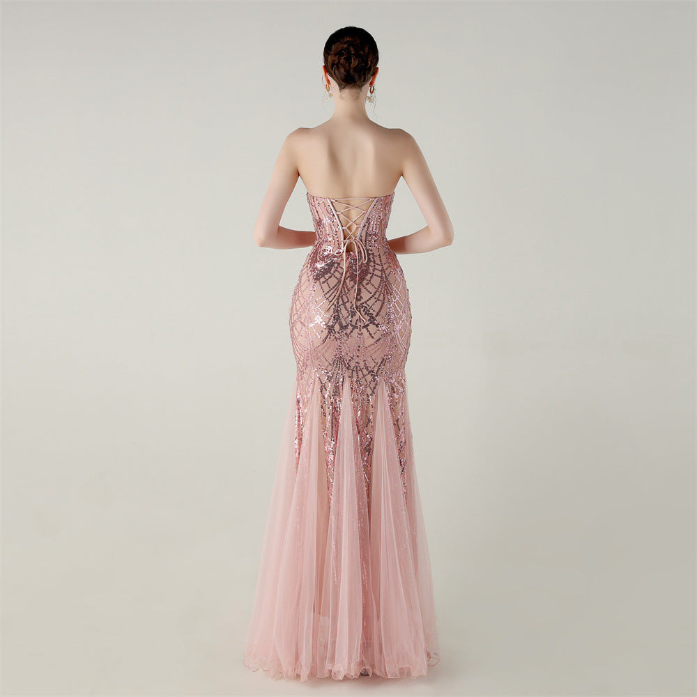 Women Strapless cross Lace-Up sequined tube flower sequined mesh evening dress Formal Party evening dress 86