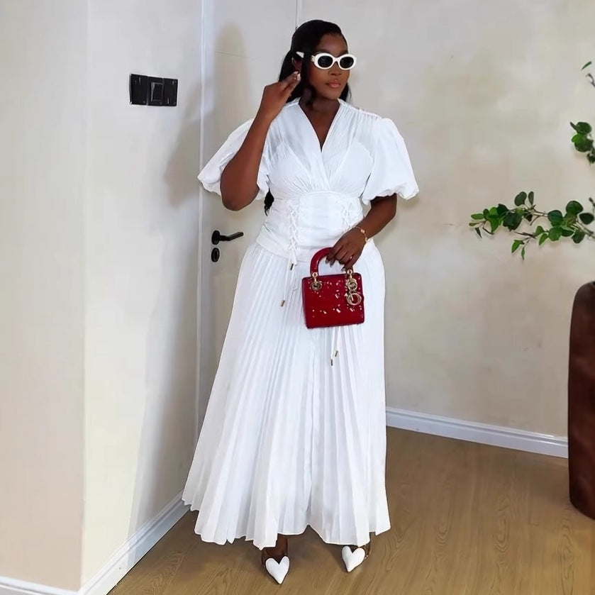 African Women's V-Neck Puff Sleeve Lace-Up Slim Waist Solid Color Trendy Pleated Maxi Dress 4