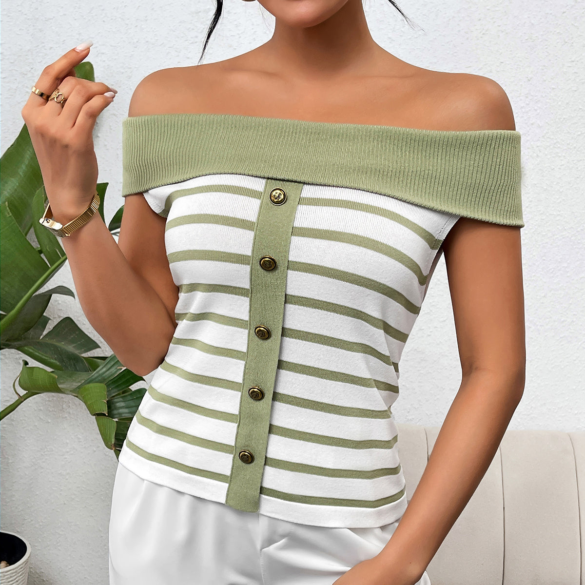 Spring/Summer Women's Fashion Long-Sleeve Striped Off-Shoulder Knit Top 26