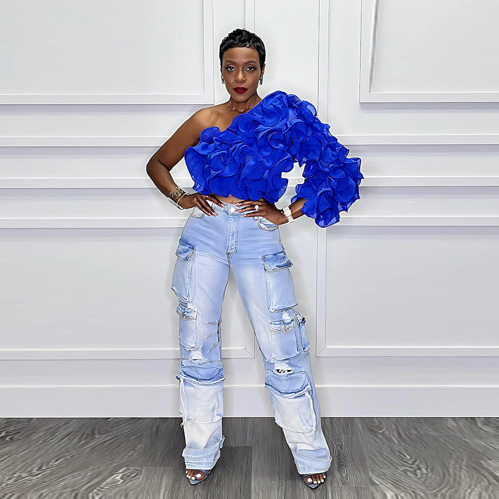 Fashion Solid Color Slash Shoulder Ruffled Top For Women 6