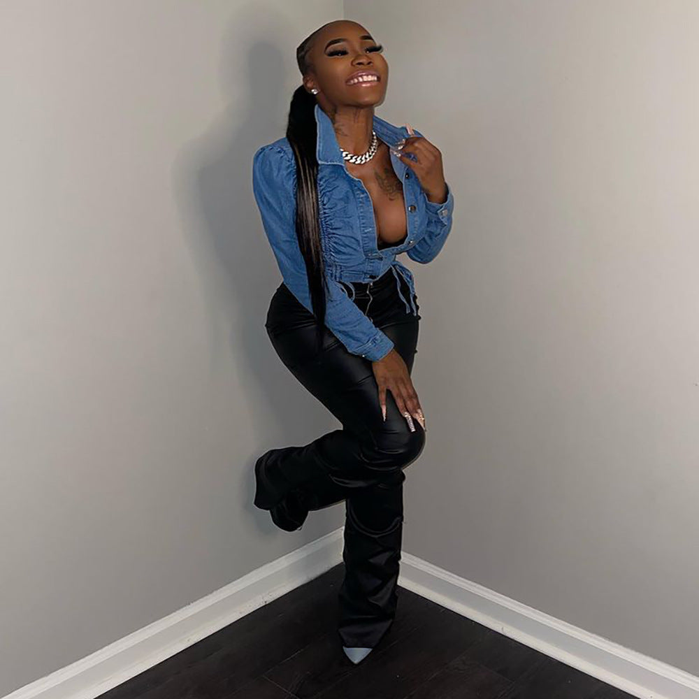 Women's Drawstring Single-Breasted Long Sleeve Denim Jacket Top 5