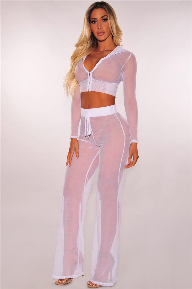 Summer Sexy Long Sleeve See-Through Mesh Hooded Zip-Up Top & Straight Pants Two-Piece Set 3