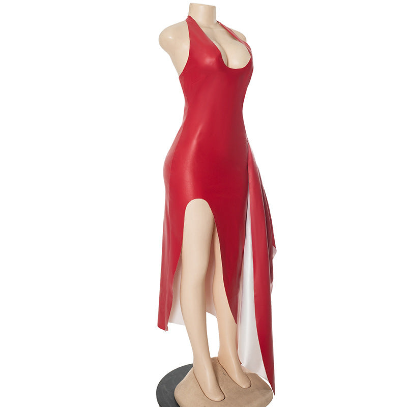 Spring Summer Sexy Deep V Halter Neck Lace Up Slit Dress 18