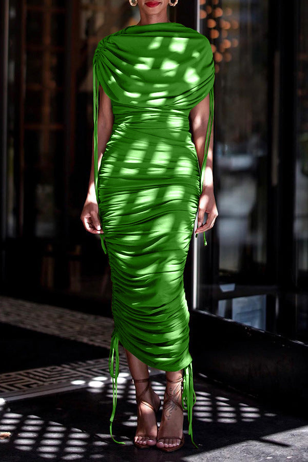 Women Solid Pleated Drawstring Zip Irregular Dress 5