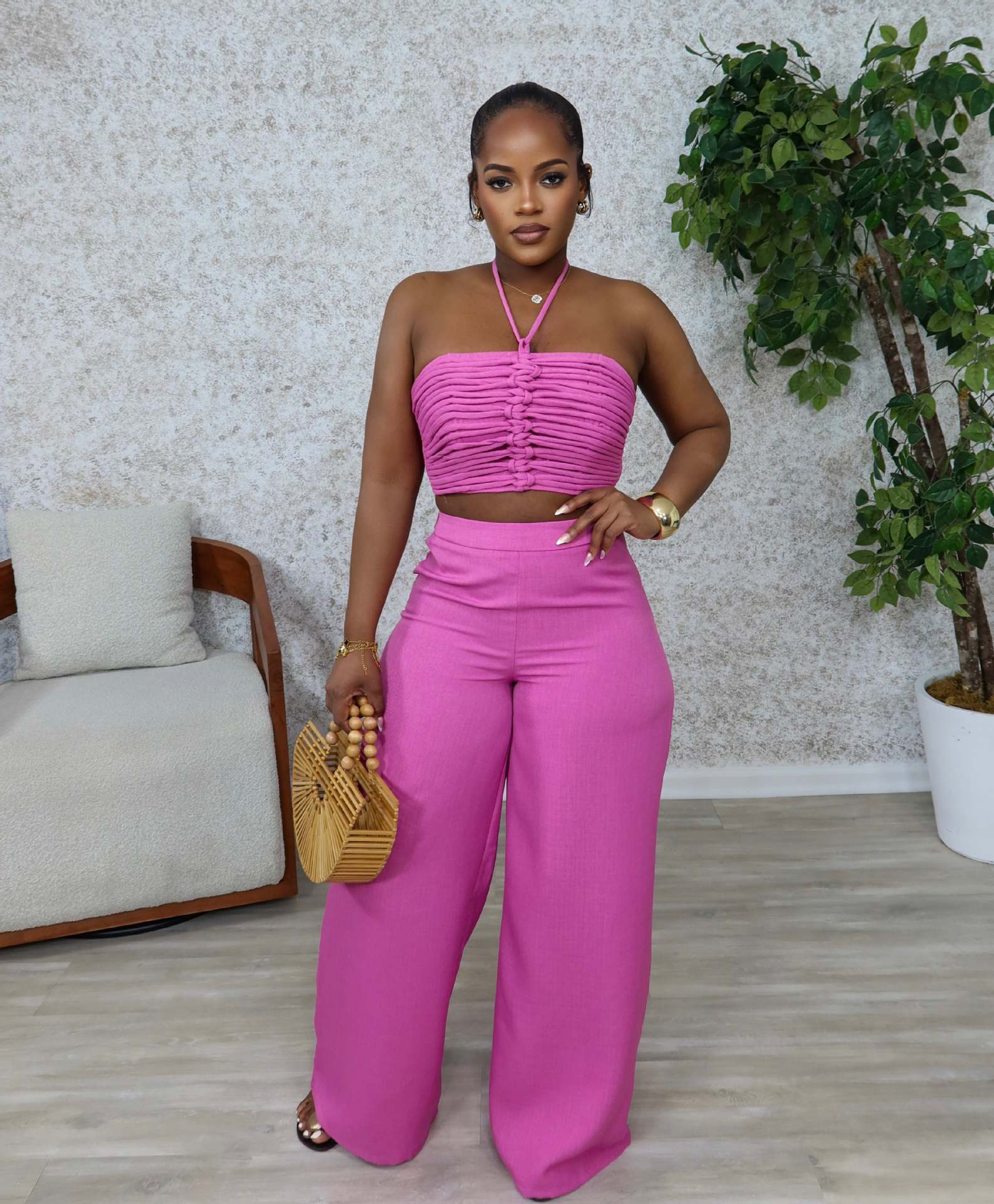 Halter Drawstring Top High-Waist Side-Zipper Loose Pants Two-Piece Set 4