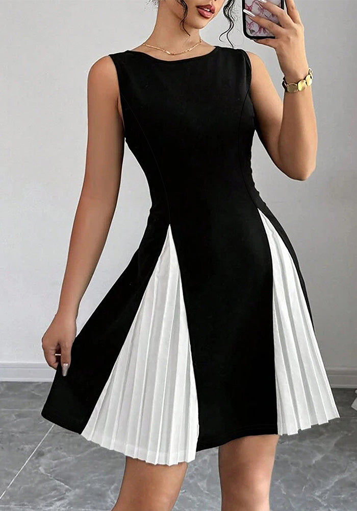 Women's Fashion Elegance Women's Round Neck Sleeveless Pleated Patchwork Plus Size Dress