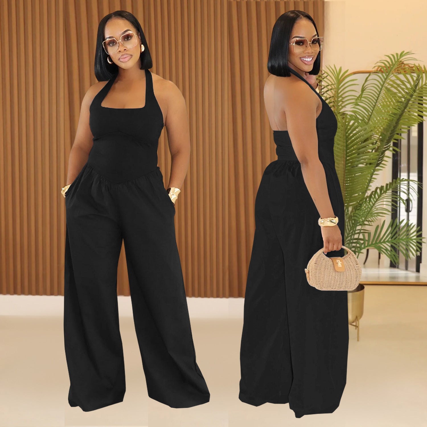 Women Casual Backless Halter Neck Solid Jumpsuit 3