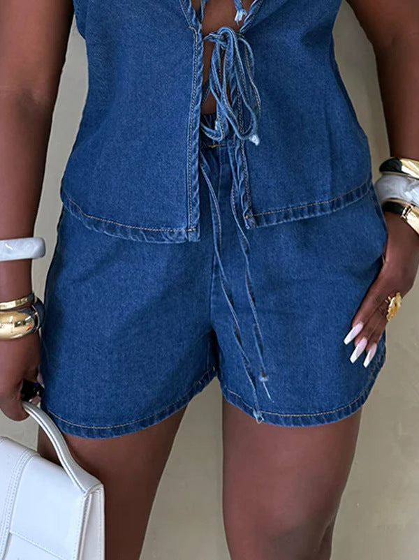 Women summer sleeveless lace top and denim shorts two-piece suit 11
