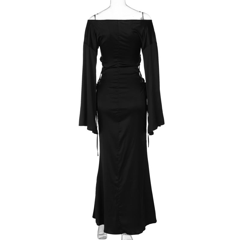 Women Autumn and Winter Tie Hollow Off Shoulder Loose Long Sleeve Dress 20