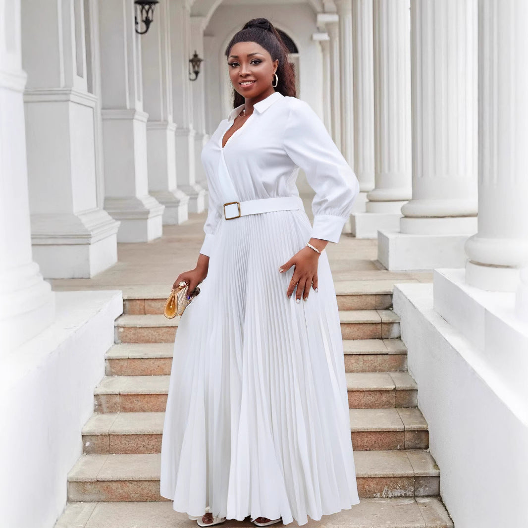 Plus Size Women V-Neck Long Sleeve Solid Pleated Dress with Belt 5