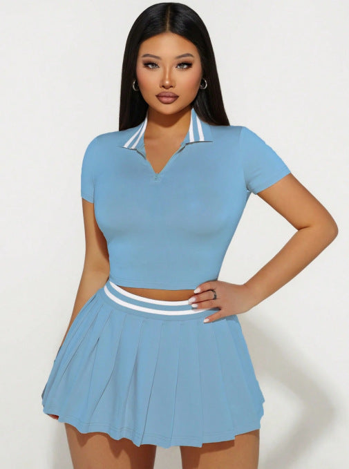 Women's Summer Skirt & Turndown Collar Short-Sleeve Top Two-Piece Set 5